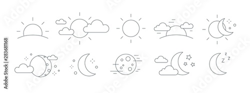 Collection Of Rising Or Setting Sun Moon Phases Clouds And Stars Symbols Bundle Of Day And Night Time Pictograms Drawn With Black Contour Lines On White Background Monochrome Vector Illustration Stock Vector