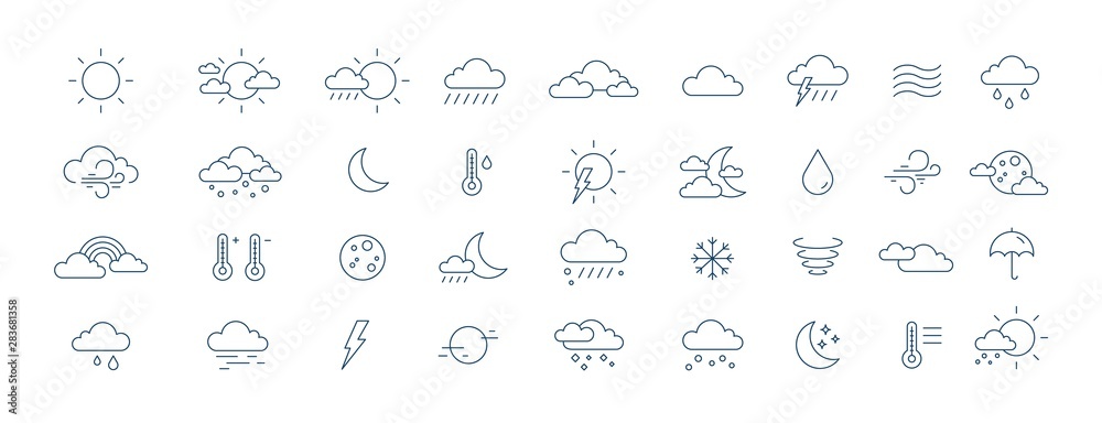 Collection of meteorological icons or symbols for weather forecast - sun, clouds, wind, rain, snow, air temperature drawn with contour lines on white background. Monochrome vector illustration. - obrazy, fototapety, plakaty 