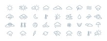 Collection Of Meteorological Icons Or Symbols For Weather Forecast - Sun, Clouds, Wind, Rain, Snow, Air Temperature Drawn With Contour Lines On White Background. Monochrome Vector Illustration.