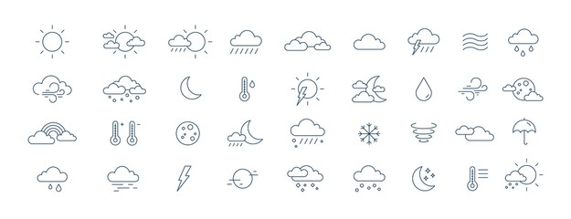 Poster - Collection of meteorological icons or symbols for weather forecast - sun, clouds, wind, rain, snow, air temperature drawn with contour lines on white background. Monochrome vector illustration.