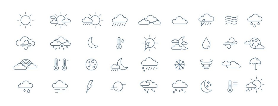 collection of meteorological icons or symbols for weather forecast - sun, clouds, wind, rain, snow, 
