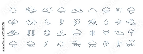Fotografía Collection of meteorological icons or symbols for weather forecast - sun, clouds, wind, rain, snow, air temperature drawn with contour lines on white background