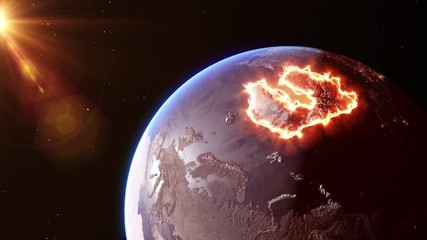 Wall Mural - rotating planet earth with polar cap covered in heat and fire portraying global warming at the ice c