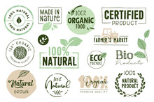 Organic Food, Farm Fresh And Natural Products Labels And Elements Collection. Vector Illustration For Food Market, E-commerce, Restaurant, Healthy Life And Premium Quality Food And Drink Promotion.