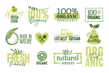 Organic Food, Farm Fresh And Natural Products Signs And Labels Collection. Vector Illustration For Food Market, E-commerce, Restaurant, Healthy Life And Premium Quality Food And Drink Promotion.