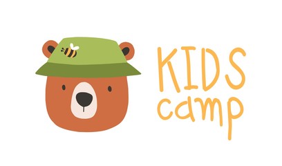 Aufkleber - Face or head of cute lovely bear wearing bucket hat. Muzzle of funny animal isolated on white background. Vector illustration in flat cartoon style for children t-shirt print, logo for kids camp.