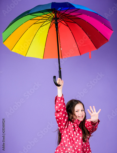 Happy Walk Under Umbrella Enjoy Rain Concept Kid Girl