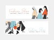 © Good Studio - Bundle of web banner templates for fashion show with women wearing trendy haute couture clothing and demonstrating it on runway or ramp. Colorful hand drawn vector illustration for event announcement.