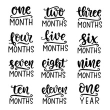 Baby Age Markers Set. Vector Monthly Milestone Cards 1-11 Months And 1 Year For Girl Or Boy Birthday