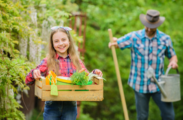 Plant veggies. Planting season. Family dad and daughter little girl planting plants. Day at farm. Popular in garden care. Planting flowers. Transplanting vegetables from nursery gardening center