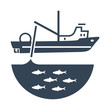 black icon trawler, seiner ship, fishing net