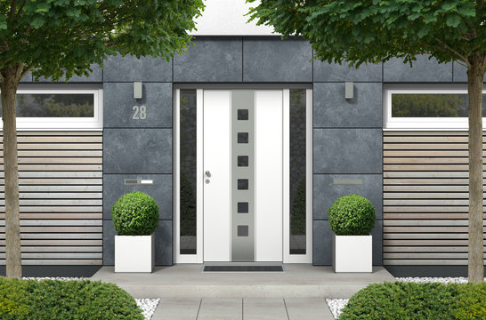3D rendering Haus mit moderner Haustür mit Seitenteilen, Fenstern und Holz Fassadenelementen