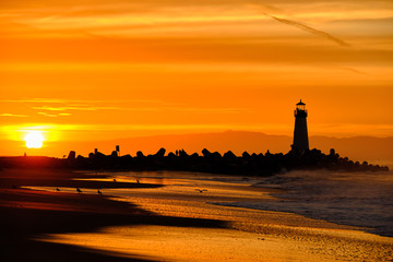 Sticker - Santa Cruz Breakwater Light (Walton Lighthouse) at sunrise, Pacific coast, California, USA