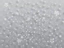 Heavy Snowfall, Snowflakes In Different Shapes And Forms. Many White Cold Flake Elements On Transparent Christmas Background. White Snowflakes Flying In The Air. Snow Flakes, Snow Background.