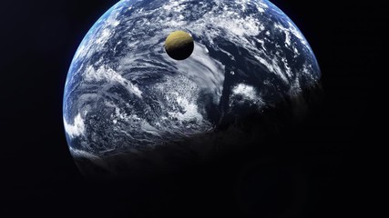 Wall Mural - conceptual yellow moon orbiting a large blue planet with deep shadows in space revealing a large sta