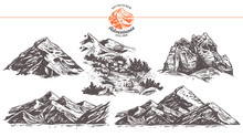 Collection Of Hand Drawn Vector Illustration Of Mountains. Rocks And Waterfall  In Sketch Engraving Style For Adventure Design