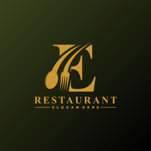 Initial Letter E Logo With Spoon And Fork For Restaurant Logo Template. Editable File EPS10.
