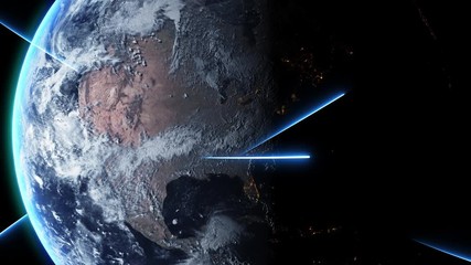 Wall Mural - conceptual blue beams crossing the planet earth as it rotates in space