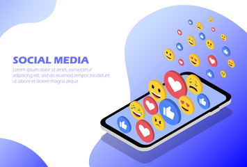 Aufkleber - Social media. Concept phone with emoticons and likes. Isometric illustration.