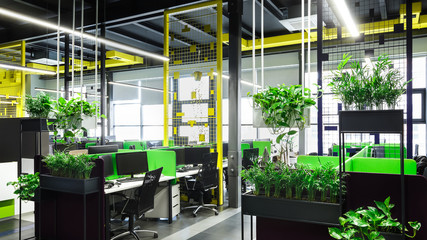 Poster - Natural style open space office interior with big loft windows