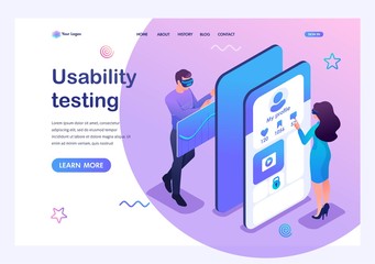 Poster - Isometric concept young people in virtual glasses are testing a mobile application for alternative reality and social networks. Template landing page for website