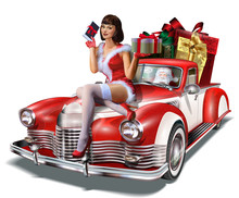 Christmas Pin-up Girl With Gift Box In Hands  While Sitting On Retro Car.