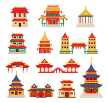 Traditional Chinese Buildings, Asian Architecture Chinatown. Chinese Townscape With Pagoda, Temple, House. China Town City Lanmarks Landscape Cartoon Vector Illustration Design Element