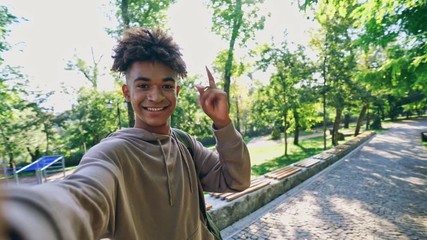 Poster - Joyful african man making selfie while walking outdoors in park