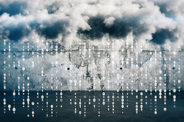 Technology concept with clouds and binary code rain.