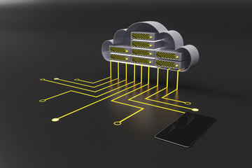 Poster - Mobile cloud and data concept with cloud circuit, wires and cell phone.