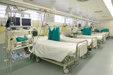 Hospital Intensive Care Unit With Beds Equipment. Health Center