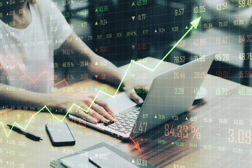 Poster - Growth concept with woman working with laptop and business chart screen.