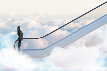 Wall Mural - Road to success concept with businesswoman going up by escalator among clouds.