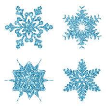 Set Blue Glitter Shine Snowflake Isolated On White Background. Christmas Decoration.