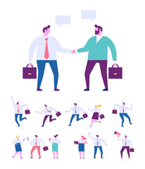 Wall Mural - Collection of business people characters in different poses.Business men shake hands. Business agreement and completed the deal with a handshake.  Flat Vector cartoon people.