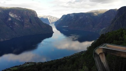 Sticker - Aerial view. Aurlandsfjord landscape from Stegastein viewing point, early morning. Norway Scandinavia. National tourist route Aurlandsfjellet