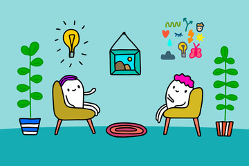 Leinwandbilder - Psychotherapy session hand drawn vector illustration in cartoon style. Two man sitting in chairs talking