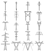 Set Of Electric Tower Line Icon. High Voltage Electric Pylon.