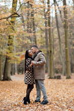 Autumn Love, Couple Kissing In Fall Park, Happy Man And Woman Outside.  Love Story. To Love Each Other. 