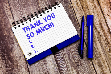 Conceptual hand writing showing Thank You So Much. Business photo text Expression of Gratitude Greetings of Appreciation.