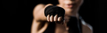 Panoramic Shot Of Girl Boxing In Gloves Isolated On Black