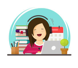 Wall Mural - happy person studying or working on desk on workplace via laptop vector, flat cartoon student or sch