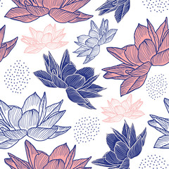 flower drawing seamless pattern with hand drawn style lotus vintage decoration. Vector illustration repeat ready for fashion textile print.