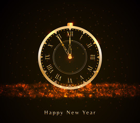 Wall Mural - happy new year background with golden vintage clock, glitter light, sparkles, bokeh and text. holida