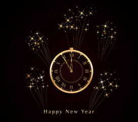 Wall Mural - happy new year celebration with golden vintage clock and fireworks isolated on black background. fiv