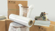 © alejomiranda - Moving scene with a roll of plastic to pack on a chair wrapped in plastic with closed cardboard boxes, books and masking tape on white background