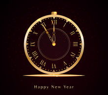 Happy New Year Eve Design With Golden Vintage Clock And Text Isolated On Black Background With Glitter Light. Holiday Web Banner, Poster, Greeting Card Or Invitation, End Of Year Template