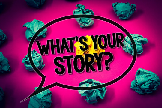 Handwriting text What'S Your Story Question. Concept meaning Connect Communicate Connectivity Connection Huge emerald paper lobs surroundes yellow paper ball magenta color floor