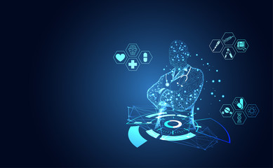 Fototapete - Abstract health medical science healthcare icon digital technology doctor concept modern innovation,Treatment,medicine on hi tech future blue background. for wallpaper, template, web design.