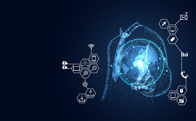 Fototapete - Abstract technology line triangle and points businessman low poly finger pointing on hand world future modern wireframe on hi tech future blue background.